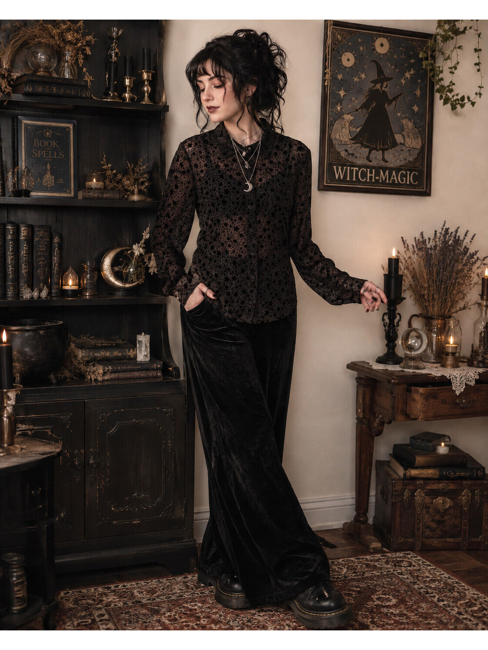 NWT Matel Button Down Shirt Womens S Black Star Sheer Whimsigoth Witch Magic